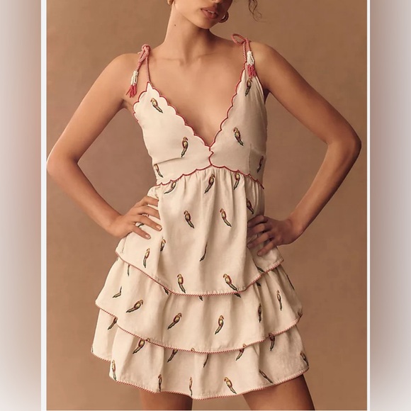 FARM Rio Dresses & Skirts - Farm Rio x Anthropologie Parrot Print Linen Tiered Mini Dress XL